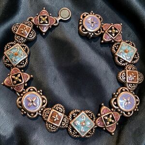 Vintage Artisan Copper Tone Enamel Link Bracelet Teal Lavender Rose Magnet Clasp